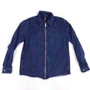 H&M Denim Shirt Jacket M Full Zip Dark Wash Blue Utility Overshirt Workwear